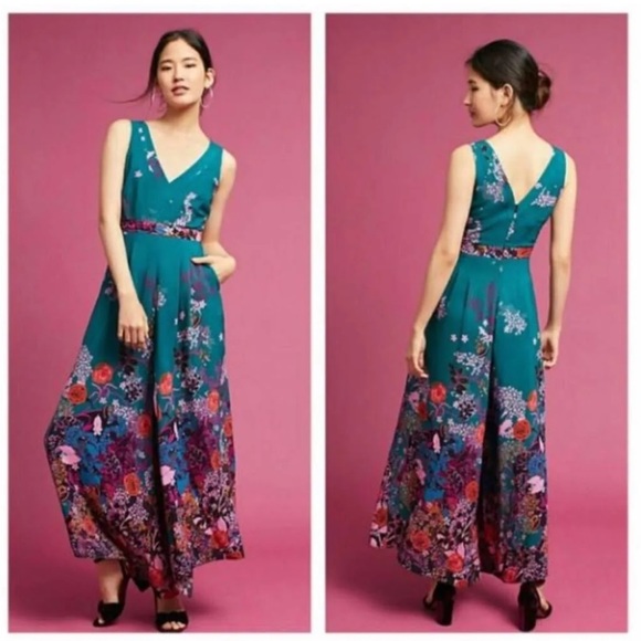 Anthropologie Maeve Turquoise Floral Jumpsuit - Picture 1 of 1